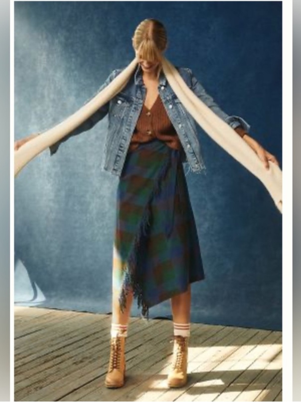 Anthropologie Mare Mare Fringed Wool Plaid Tie Waist Wrap Green Midi Skirt M - Picture 8 of 9